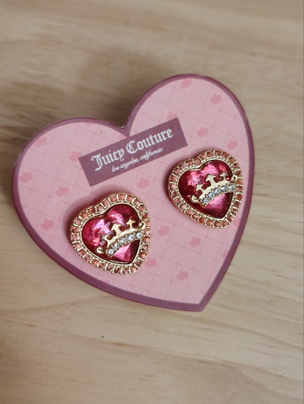 Juicy Couture Pink Crystal Heart Gold Crown Stud Earrings Y2K Barbiecore